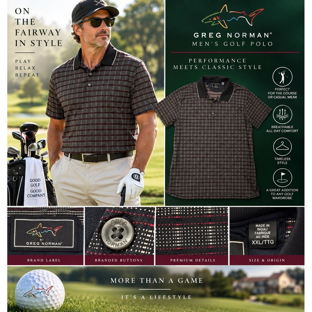 Greg Norman Mens XXL Golf Polo Shirt Black Red Plaid Performance Short Sleeve